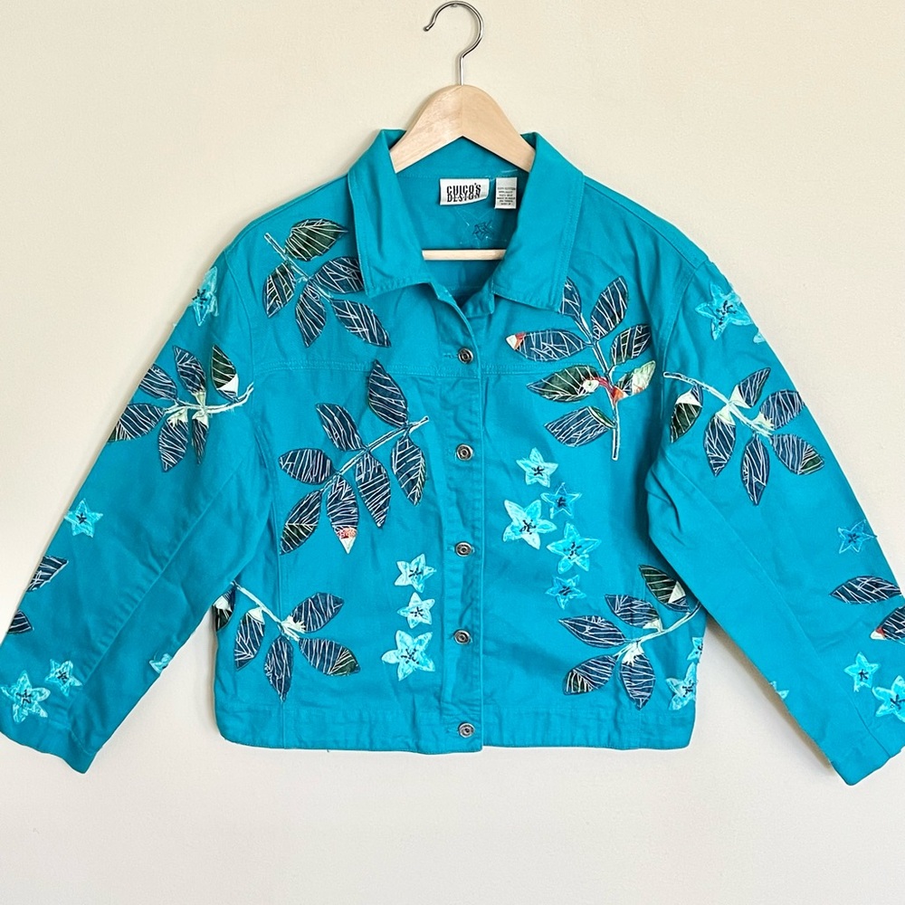 Vintage Chico’s Patchwork Floral Teal Denim Button Up Jean Jacket Women’s size 2 - Picture 3 of 16